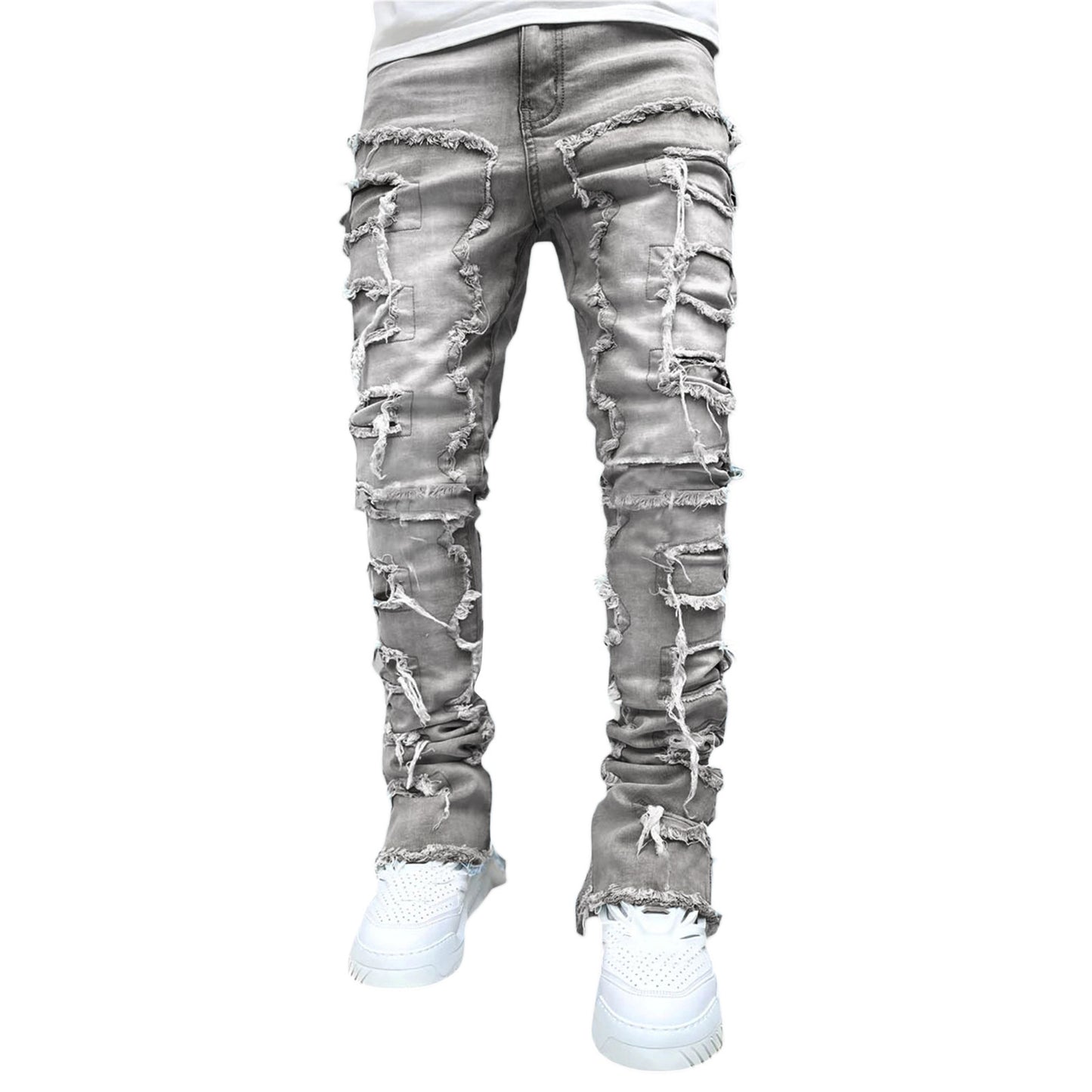 Men's Patched Tight Fit Stacked Leg Jeans