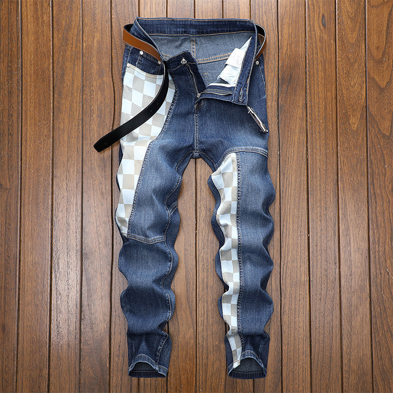 Men's Checkerboard Patched Jeans