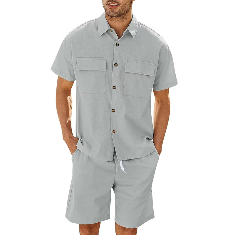 Men's Short Sleeve Lapel Pockets Shirt and Drawstring Shorts