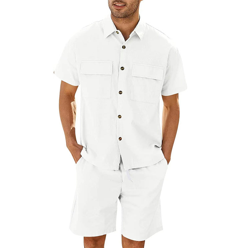 Men's Short Sleeve Lapel Pockets Shirt and Drawstring Shorts