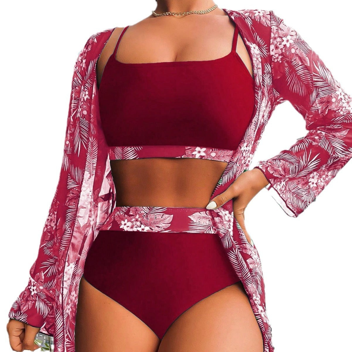 Maple Leaf Conservative Three-piece Split Swimsuit