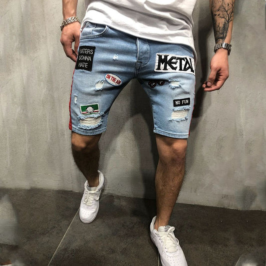 Men's Fashion Denim Ripped Embroidered Shorts