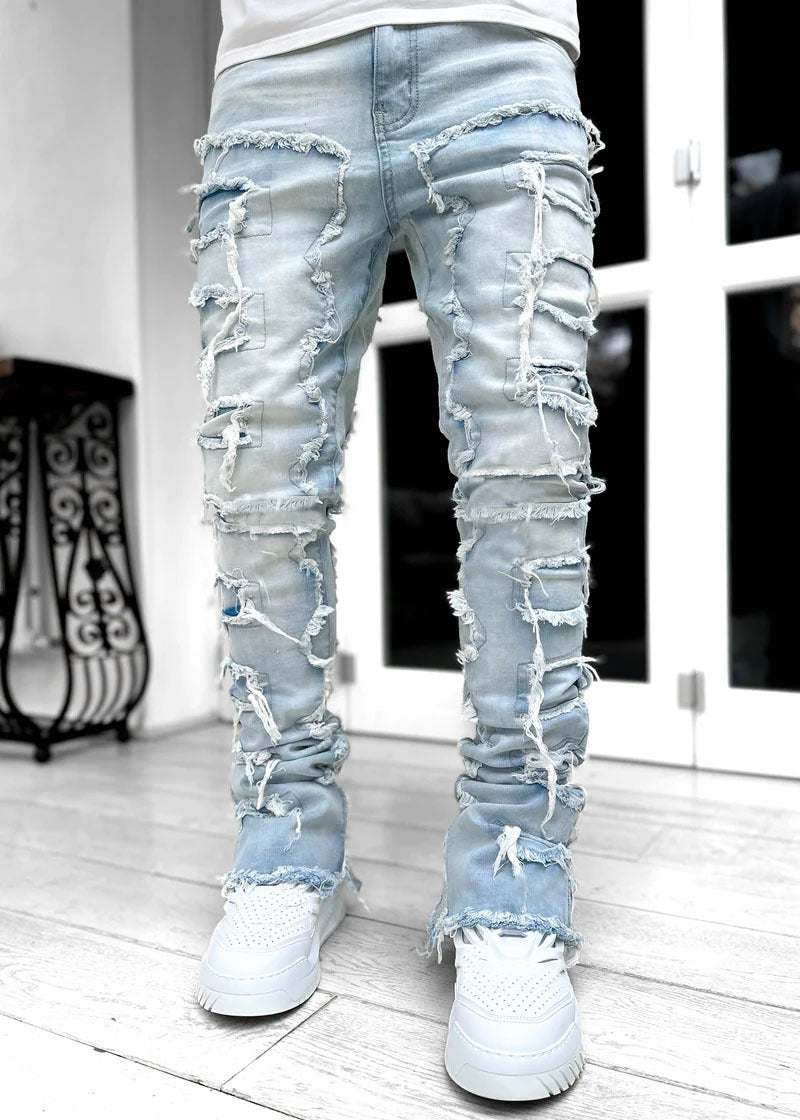 Men's Patched Tight Fit Stacked Leg Jeans