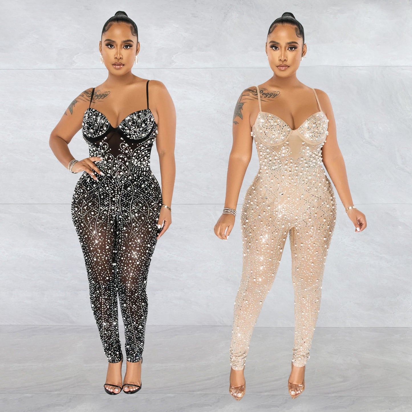 Women's Mesh Rhinestone Sleeveless Trouser Jumpsuit