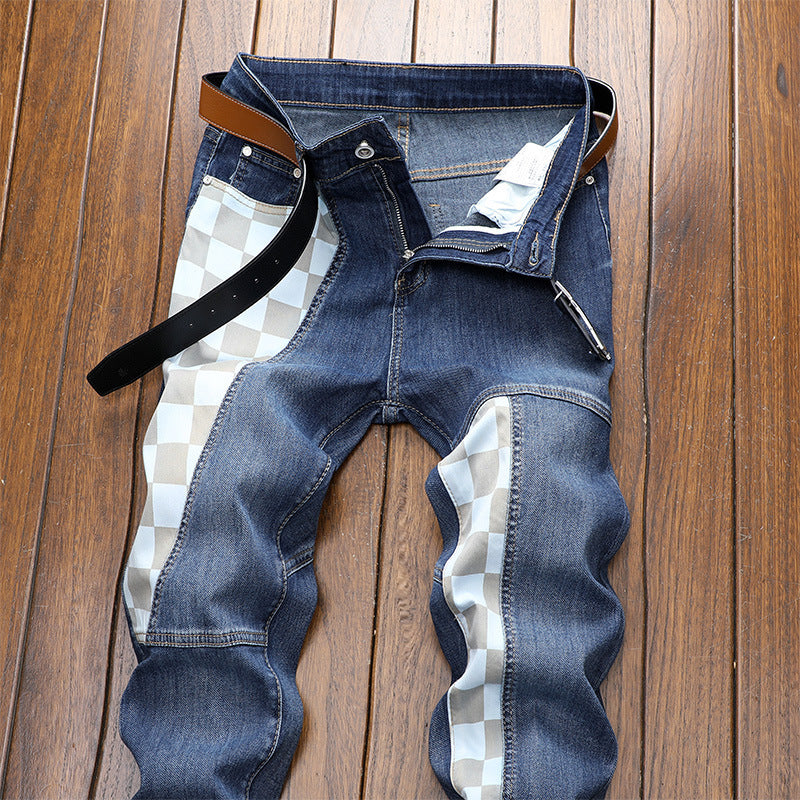 Men's Checkerboard Patched Jeans