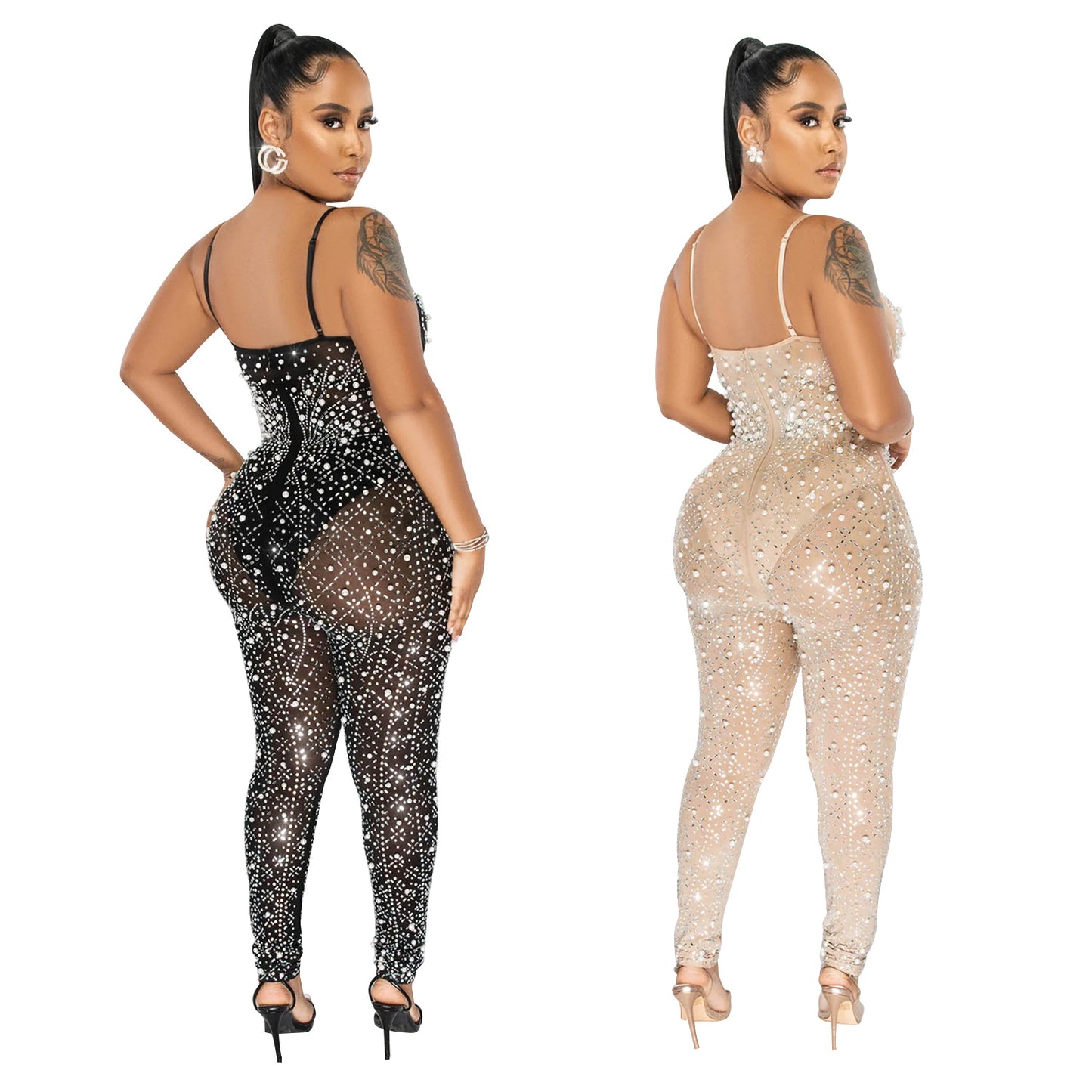 Women's Mesh Rhinestone Sleeveless Trouser Jumpsuit