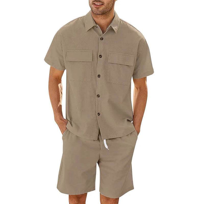 Men's Short Sleeve Lapel Pockets Shirt and Drawstring Shorts