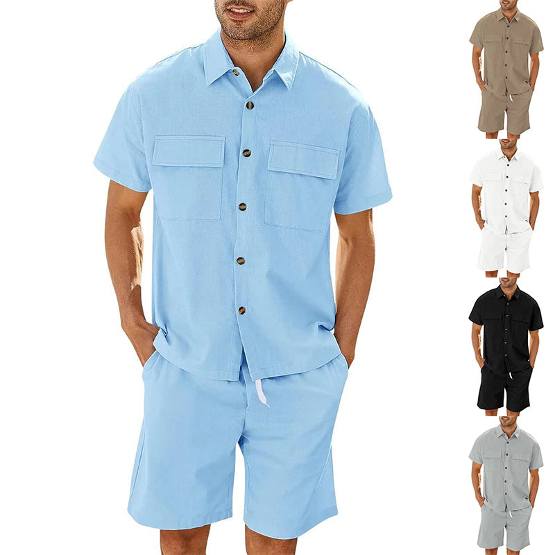 Men's Short Sleeve Lapel Pockets Shirt and Drawstring Shorts