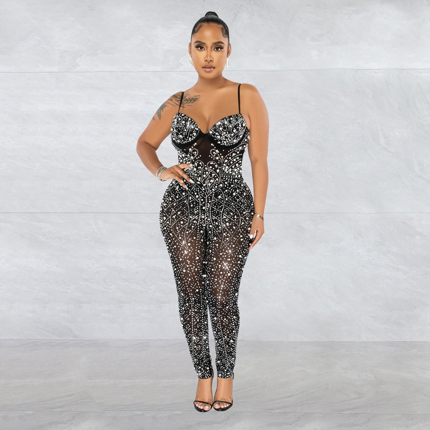 Women's Mesh Rhinestone Sleeveless Trouser Jumpsuit