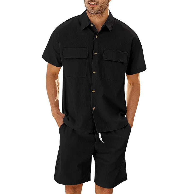 Men's Short Sleeve Lapel Pockets Shirt and Drawstring Shorts