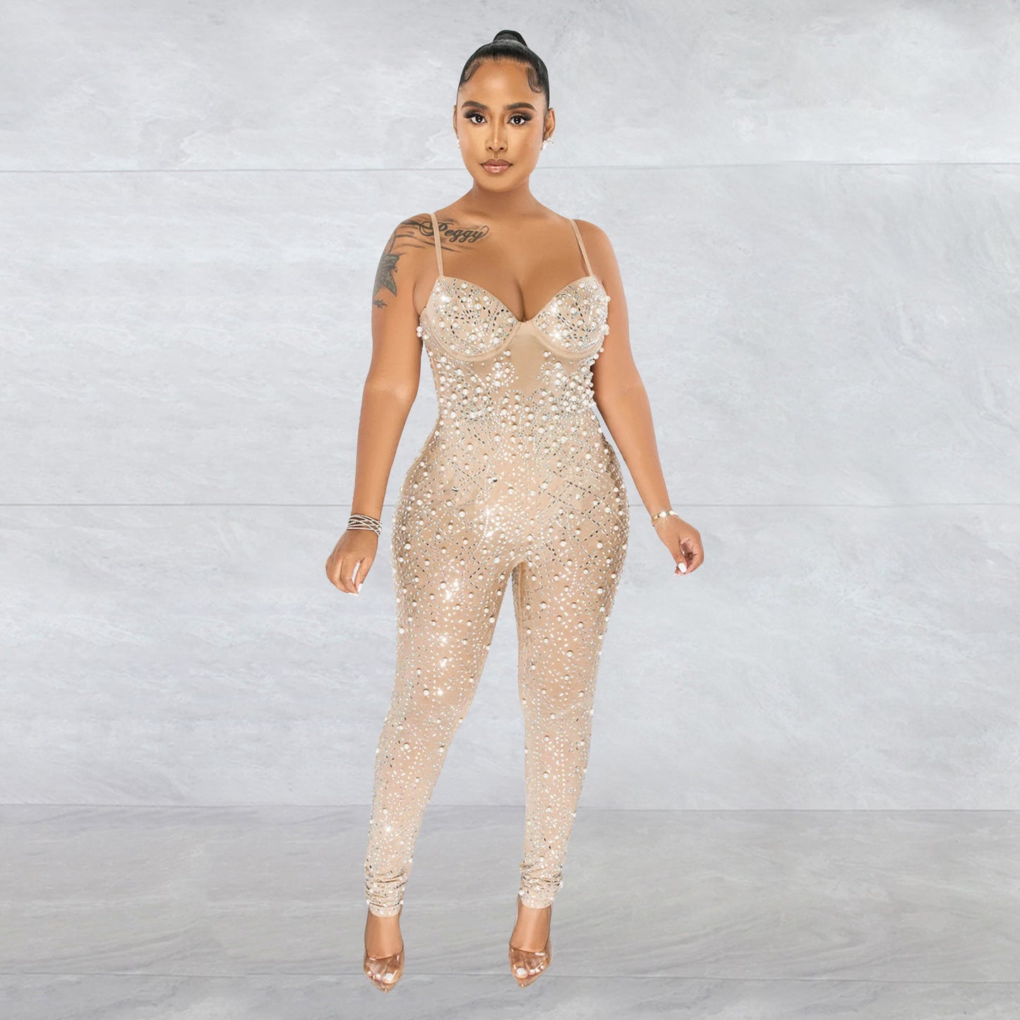 Women's Mesh Rhinestone Sleeveless Trouser Jumpsuit