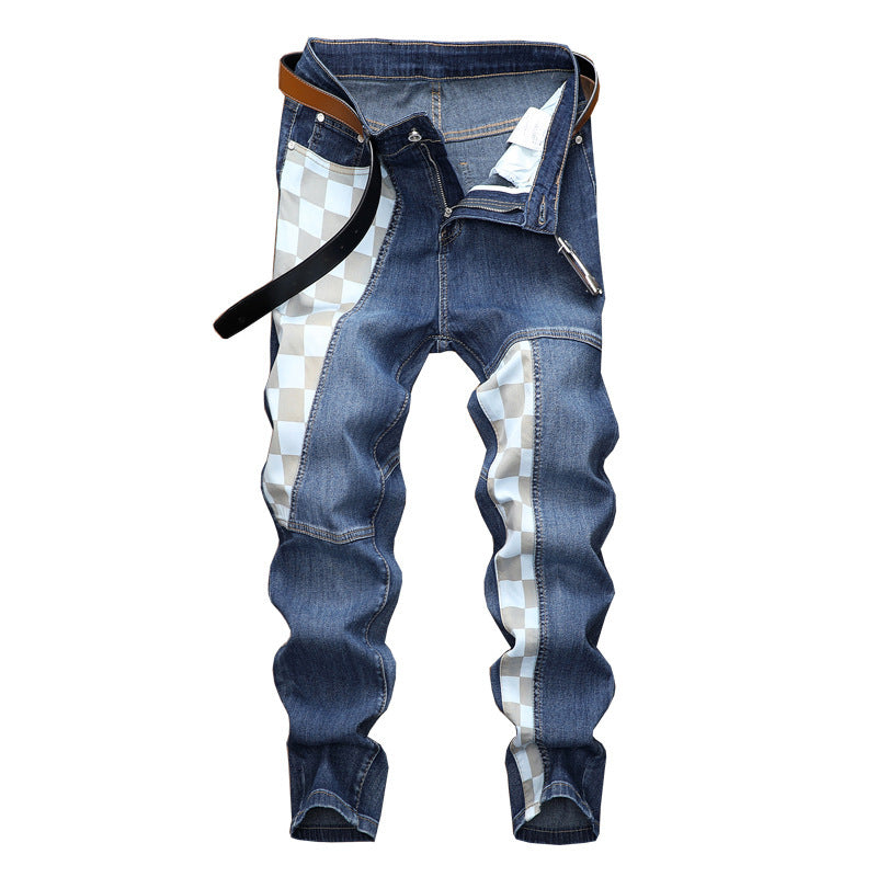 Men's Checkerboard Patched Jeans