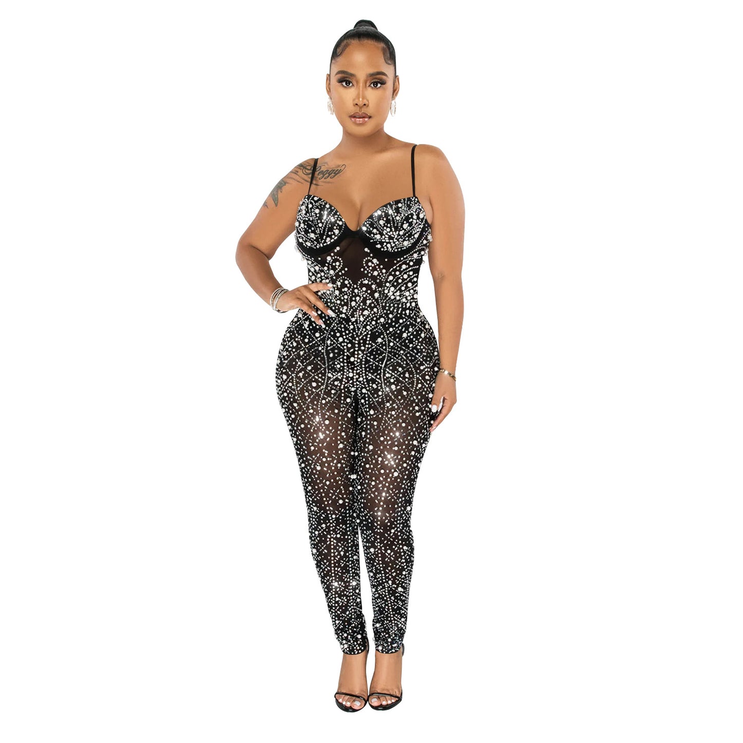 Women's Mesh Rhinestone Sleeveless Trouser Jumpsuit