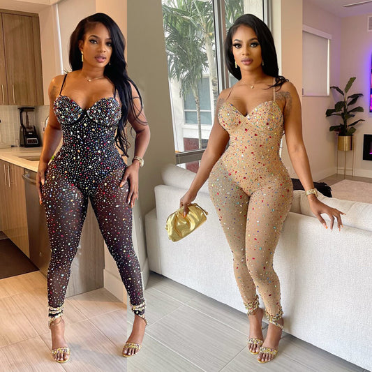 Women's Mesh Multi-Color Rhinestone Jumpsuit