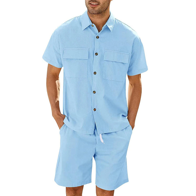 Men's Short Sleeve Lapel Pockets Shirt and Drawstring Shorts