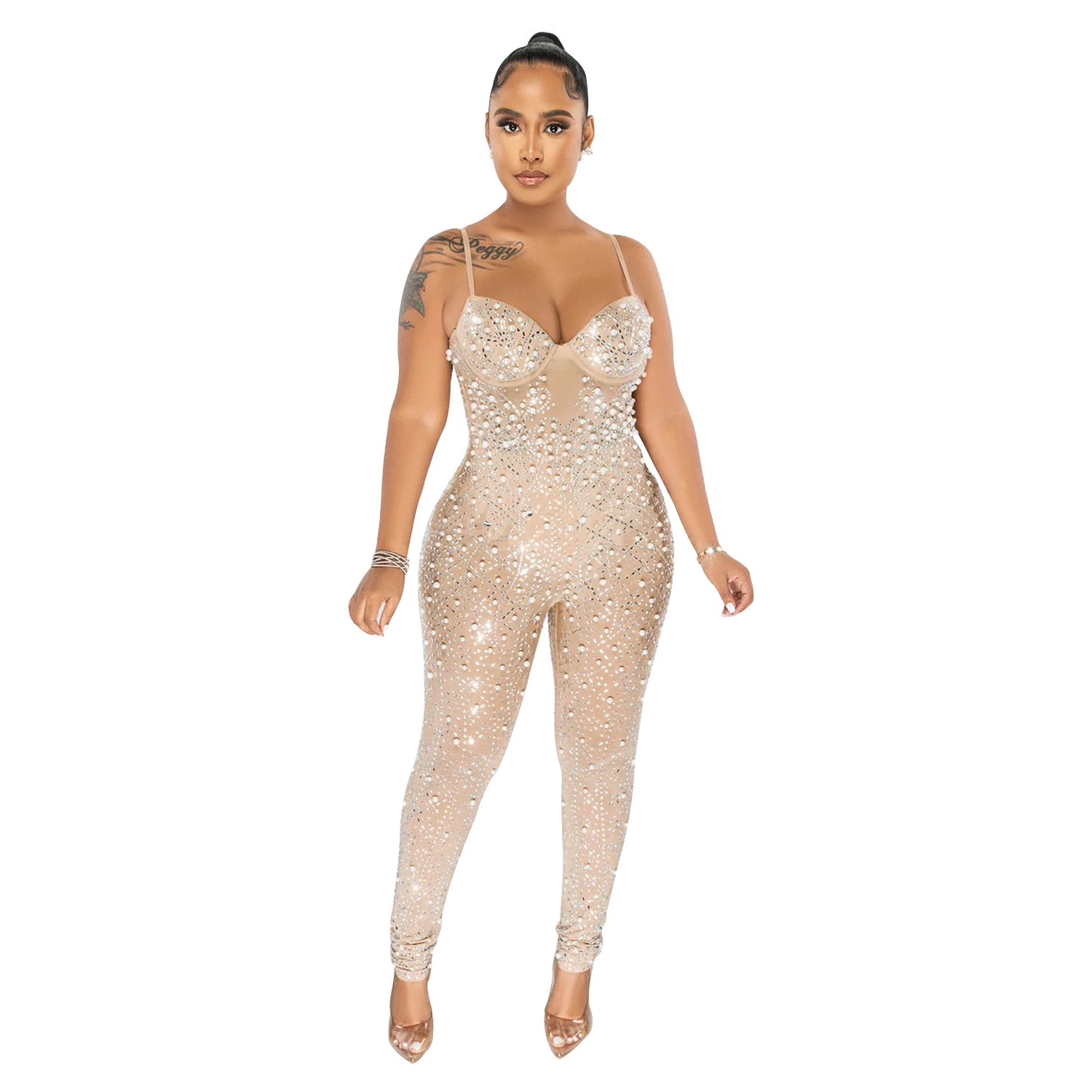 Women's Mesh Rhinestone Sleeveless Trouser Jumpsuit