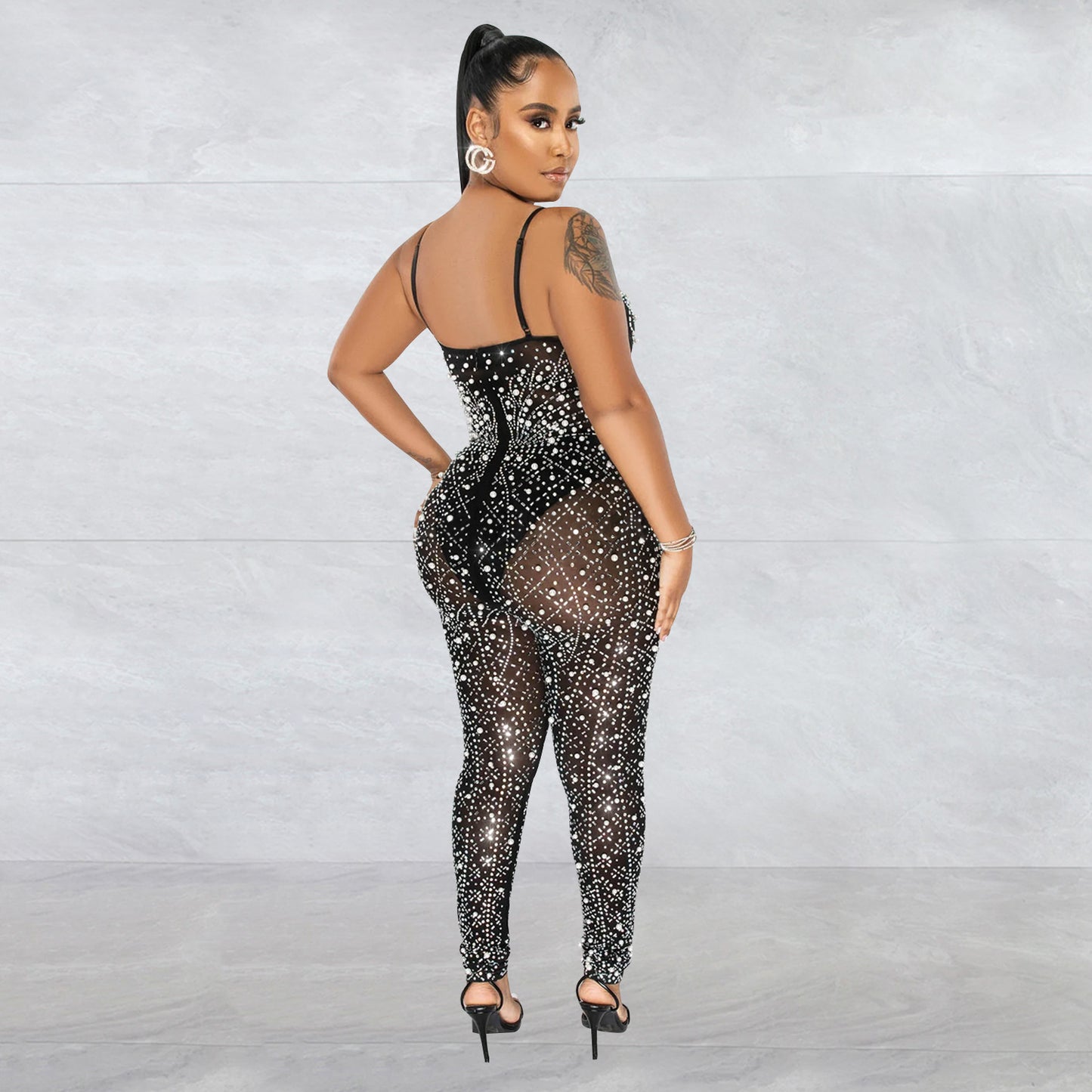 Women's Mesh Rhinestone Sleeveless Trouser Jumpsuit