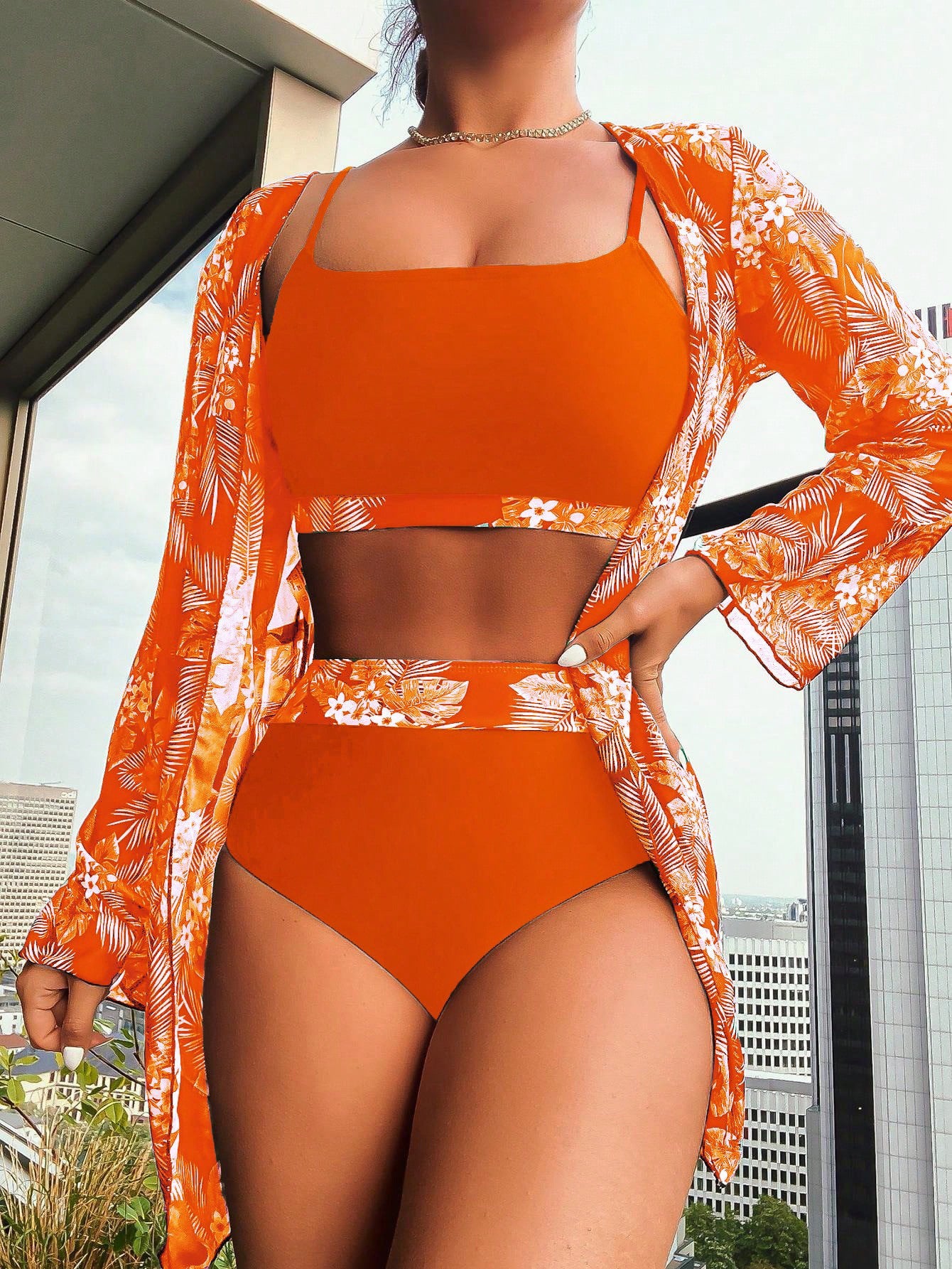 Maple Leaf Conservative Three-piece Split Swimsuit