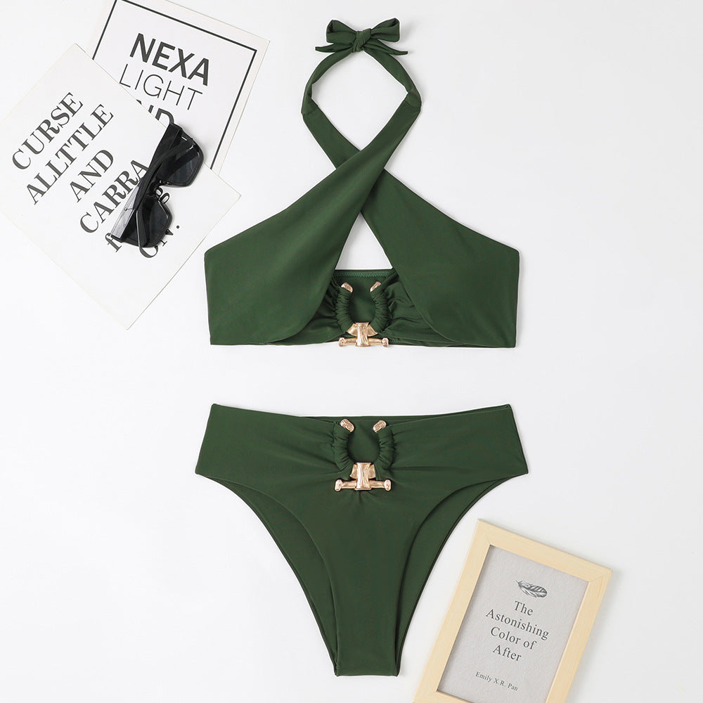 Fashion Split Cross-Halter Neck Swimsuit